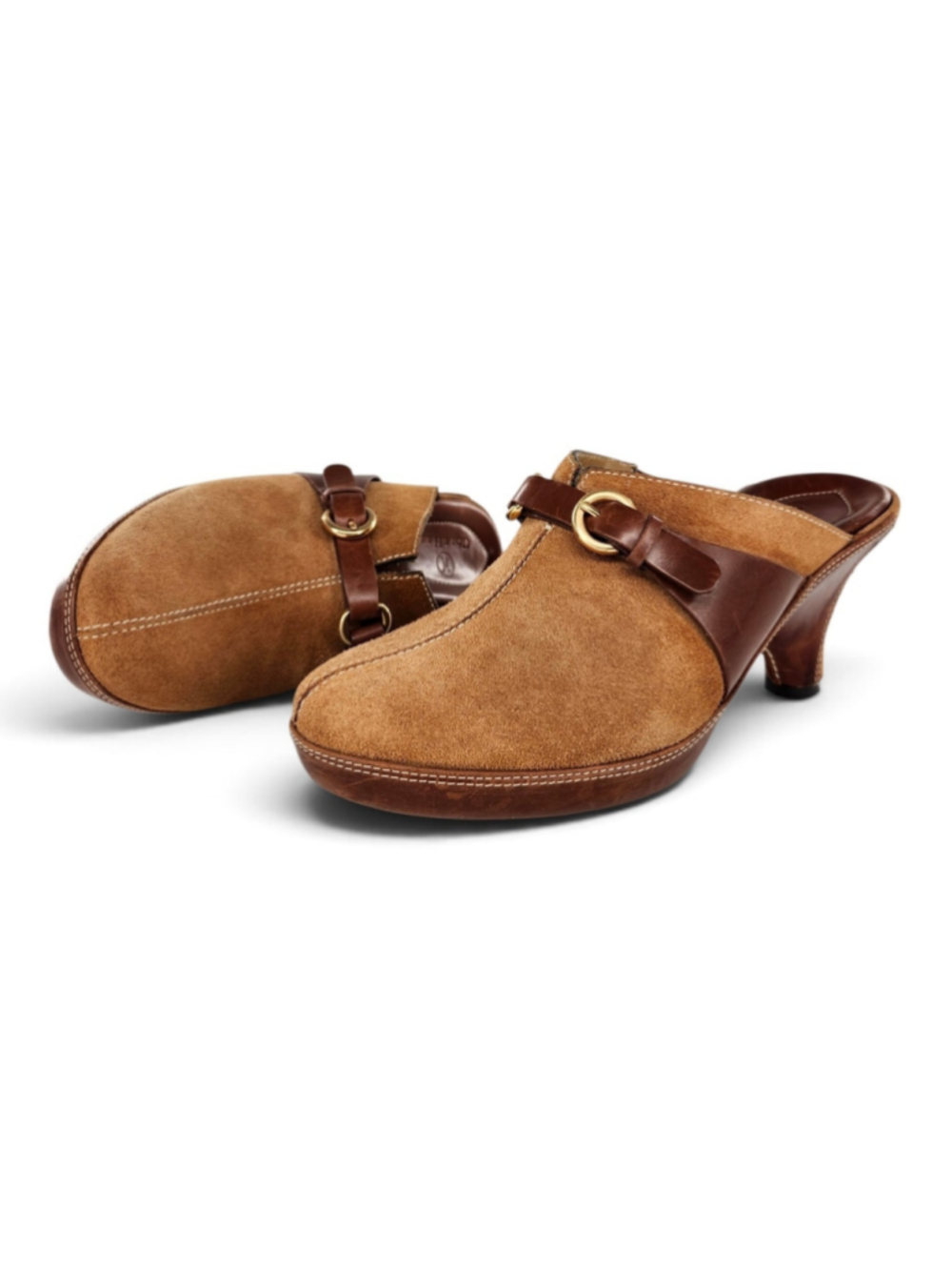 Cole Haan Tan Suede Brown Leather Wrapped Heel Gold Buckle Slide-On Mule Clogs